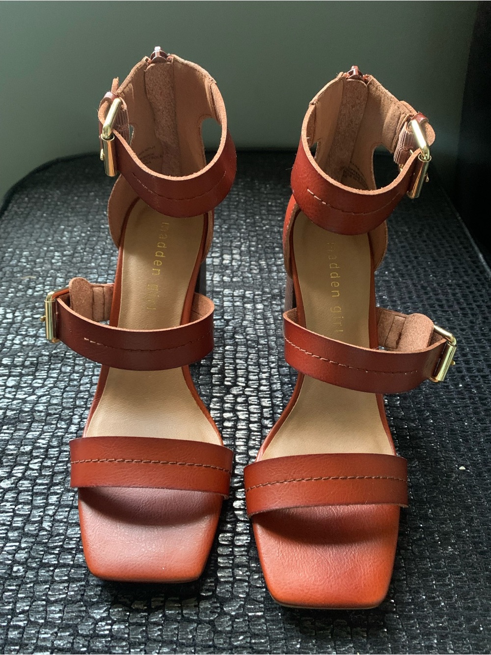 Madden Girl Rust Brown Triple-Strap Block Heel Sandals